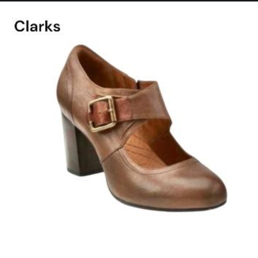 Clarks Leather Town Club Mock Strap Mary Jane High Heel Pump Brown Women 8.5 - Picture 8 of 9